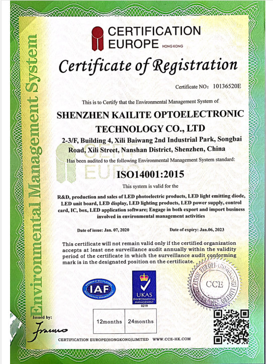 Cina SHENZHEN KAILITE OPTOELECTRONIC TECHNOLOGY CO., LTD Sertifikasi